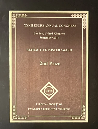 ESCRS Refraktif Poster Ödülü plaketi, XXXII ESCRS Kongresi, Londra 2014